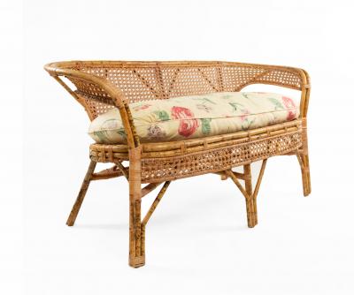 Mid Century Wicker Love Seat with Floral Upholstery
