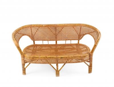 Mid Century Wicker Love Seat with Floral Upholstery