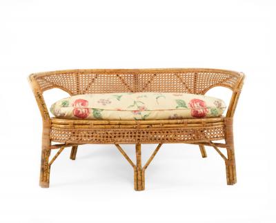 Mid Century Wicker Love Seat with Floral Upholstery