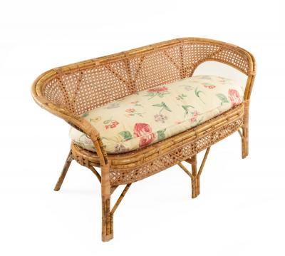 Mid Century Wicker Love Seat with Floral Upholstery