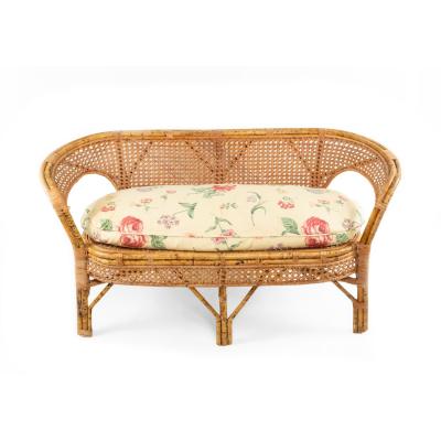 Mid Century Wicker Love Seat with Floral Upholstery