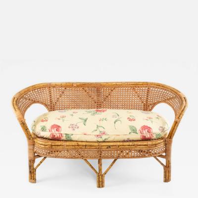 Mid Century Wicker Love Seat with Floral Upholstery