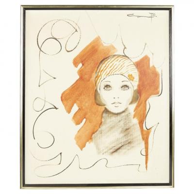 Mid Century Woman in Red Hat Artwork