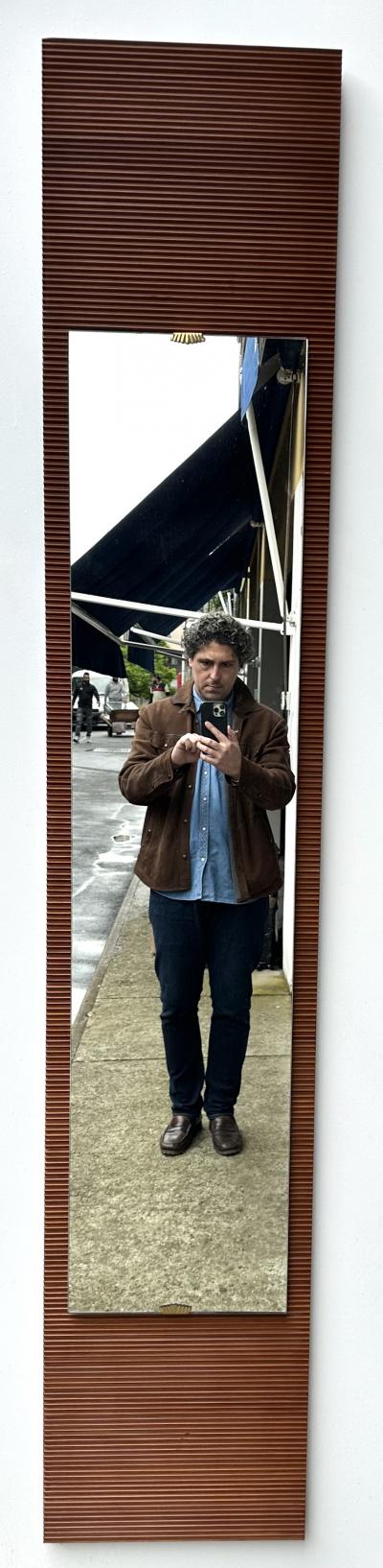 Mid Century Wood Stripe and Brass Mirror Italy 1950s