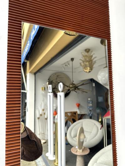 Mid Century Wood Stripe and Brass Mirror Italy 1950s