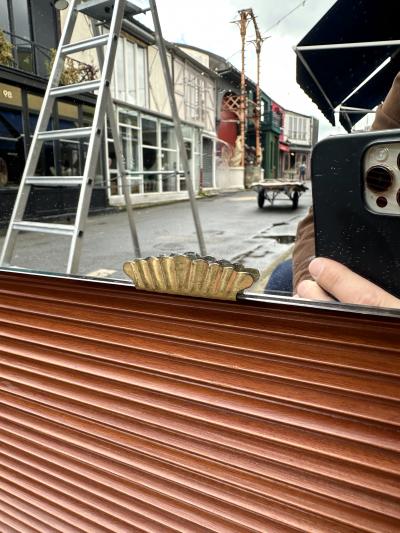 Mid Century Wood Stripe and Brass Mirror Italy 1950s