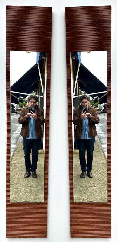 Mid Century Wood Stripe and Brass Mirror Italy 1950s