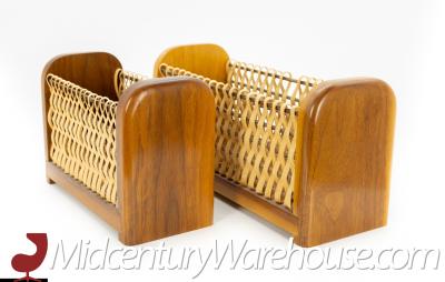 Mid Century Wood and Wicker Desk Organizer Baskets