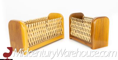 Mid Century Wood and Wicker Desk Organizer Baskets