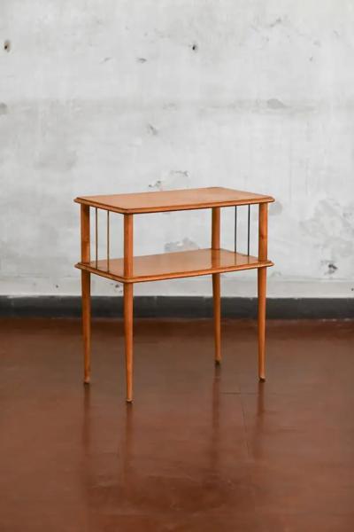 Mid Century Wooden Side Table With Brass Details And Double Shelf