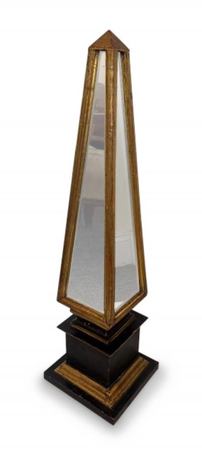 Mid Century ebonized and gold trim mirrored obelisk