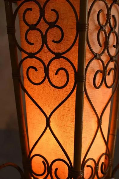 Mid Century floor lamp made of rush with geometric patterns and large lampshade