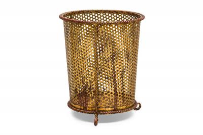 Mid Century gilt metal rope trim round waste paper basket with perforated frame