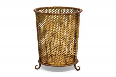 Mid Century gilt metal rope trim round waste paper basket with perforated frame