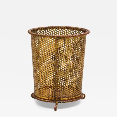 Mid Century gilt metal rope trim round waste paper basket with perforated frame