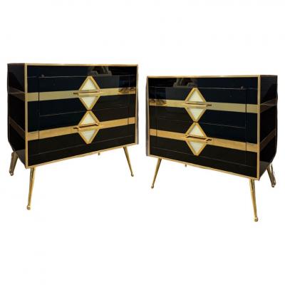 Mid Century style Night Stands with Black Glass and Brass Frame