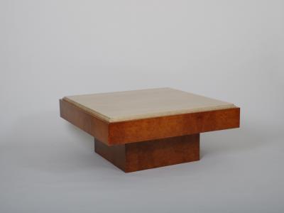 Mid Century travertine and walnut burr coffee table Italy c1970