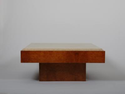 Mid Century travertine and walnut burr coffee table Italy c1970