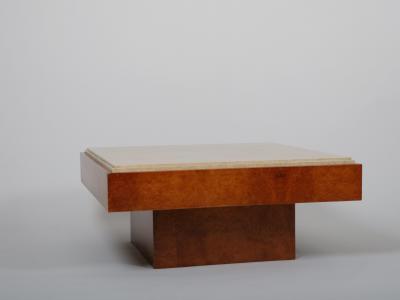 Mid Century travertine and walnut burr coffee table Italy c1970
