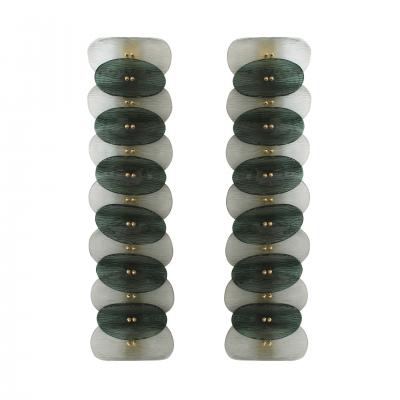 Mid Modern Style Green And White Murano Glass and Brass Italian Wall Sconces