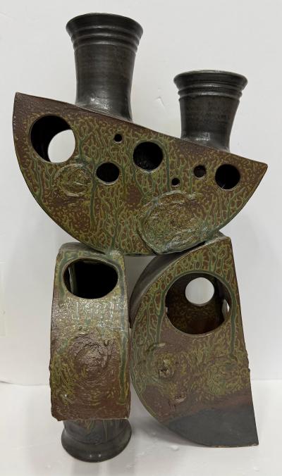 Mid century Abstract Studio Pottery Sculpture Stoneware and Verdigris Finish