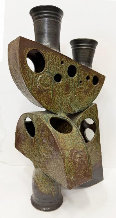 Mid century Abstract Studio Pottery Sculpture Stoneware and Verdigris Finish