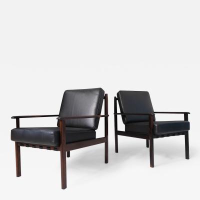 Mid century Brazil Modern Lounge Chairs in Black Leather