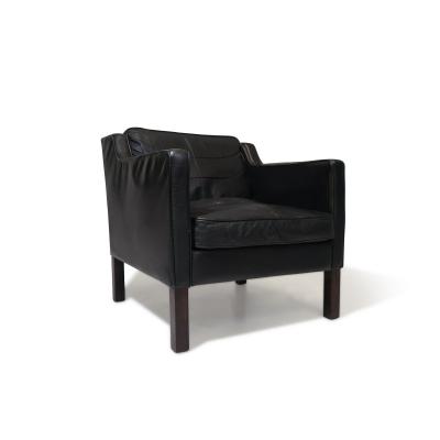 Mid century Danish Black Leather Lounge Chair in Manner of Borge Mogensen