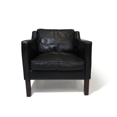 Mid century Danish Black Leather Lounge Chair in Manner of Borge Mogensen