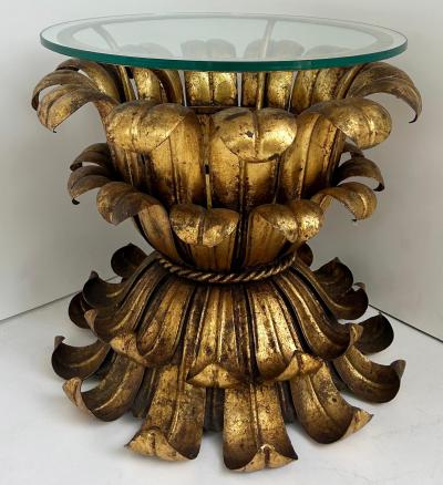 Mid century Italian Hollywood Regency Gilt Tole Side Table with Glass Top