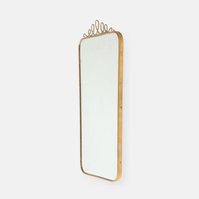 Mid century Italian Rectangular Brass Wall Mirror Looping Scroll Crest