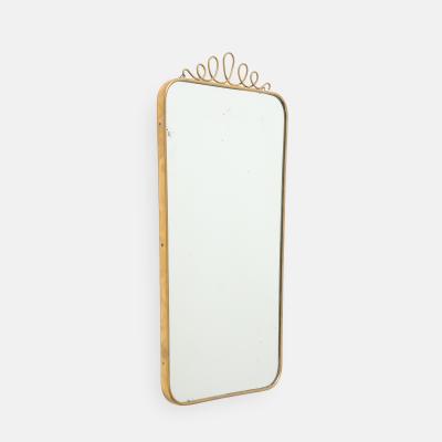 Mid century Italian Rectangular Brass Wall Mirror Looping Scroll Crest