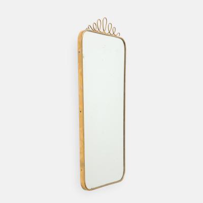 Mid century Italian Rectangular Brass Wall Mirror Looping Scroll Crest