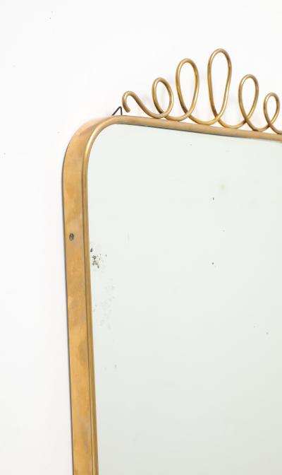 Mid century Italian Rectangular Brass Wall Mirror Looping Scroll Crest