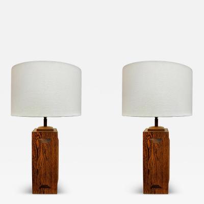 Mid century Modern Cross Cut Oak Wood Table Lamps Pair