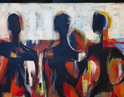 Mid century Overscale Abstract Beach Scene Oil Painting Signed 1962