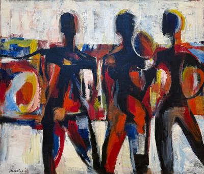 Mid century Overscale Abstract Beach Scene Oil Painting Signed 1962