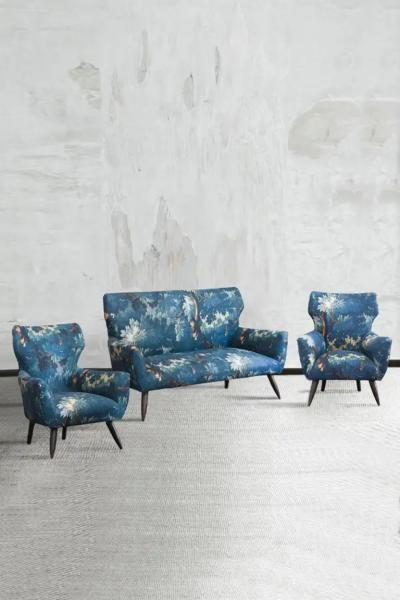 Mid century Sofa and Pair of Berg re Armchairs Set with Dedar Fabric Upholstery