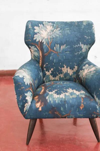 Mid century pair of Berg re Armchairs with Dedar fabric upholstery