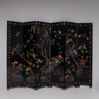 Midcentury 6 Fold Lacquer Screen with Bird Motif China