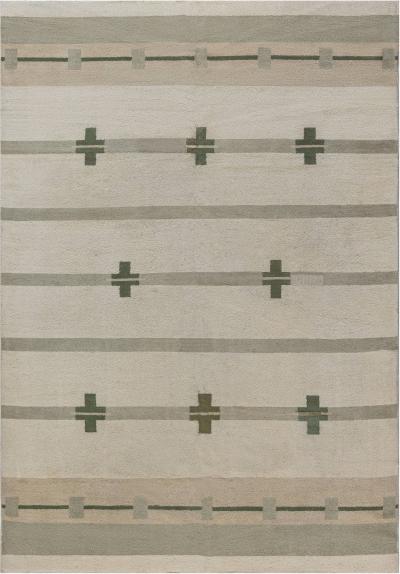 Midcentury Art Deco Handmade Wool Rug in Beige and Green