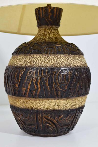 Midcentury Brutalist Style Bulbous Ceramic Table Lamps in Bronze