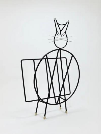 Midcentury Cat Shaped Magazine Stand or Record Rack Iron Italy 1950s