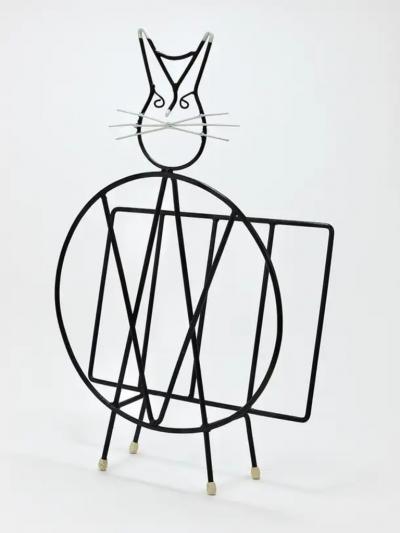 Midcentury Cat Shaped Magazine Stand or Record Rack Iron Italy 1950s