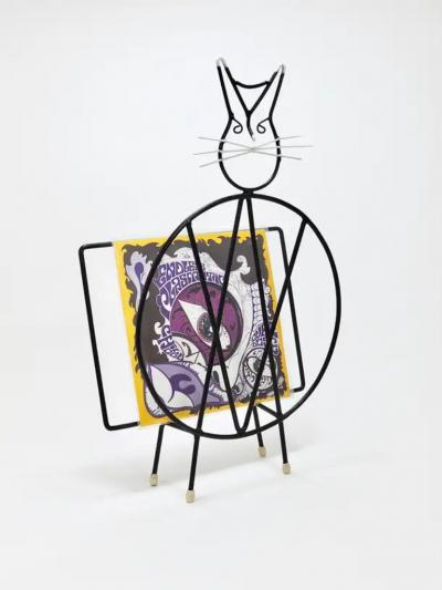 Midcentury Cat Shaped Magazine Stand or Record Rack Iron Italy 1950s