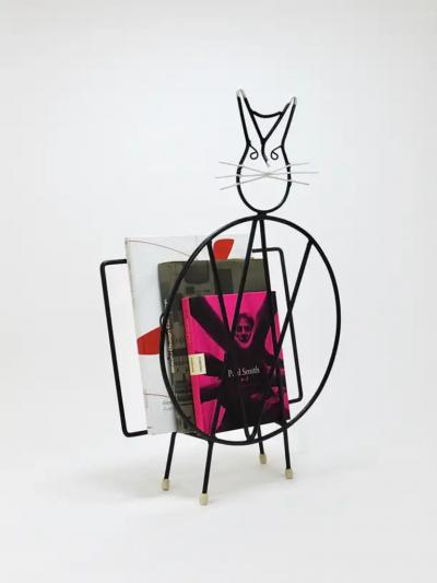 Midcentury Cat Shaped Magazine Stand or Record Rack Iron Italy 1950s
