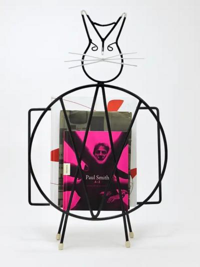 Midcentury Cat Shaped Magazine Stand or Record Rack Iron Italy 1950s