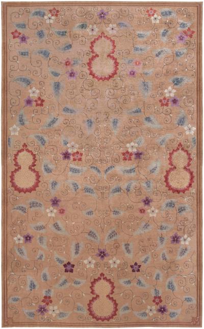 Midcentury Chinese Handmade Wool Rug in Light Brown Red Purple Red and Ivory