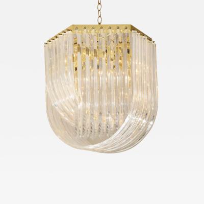 Midcentury Curved Lucite Ribbon Chandelier in Brass