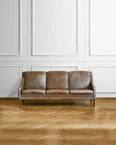 Midcentury Leather Sofa with Wooden Feet